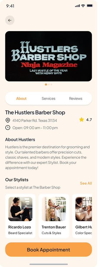 Spot Booked business profile with services, stylists and a book button